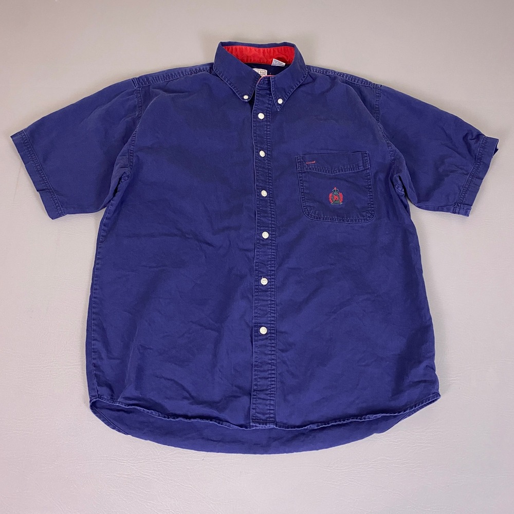 Vintage Bugle Boy Button Down Shirt Large Men's Navy Blue Cotton Short Sleeve